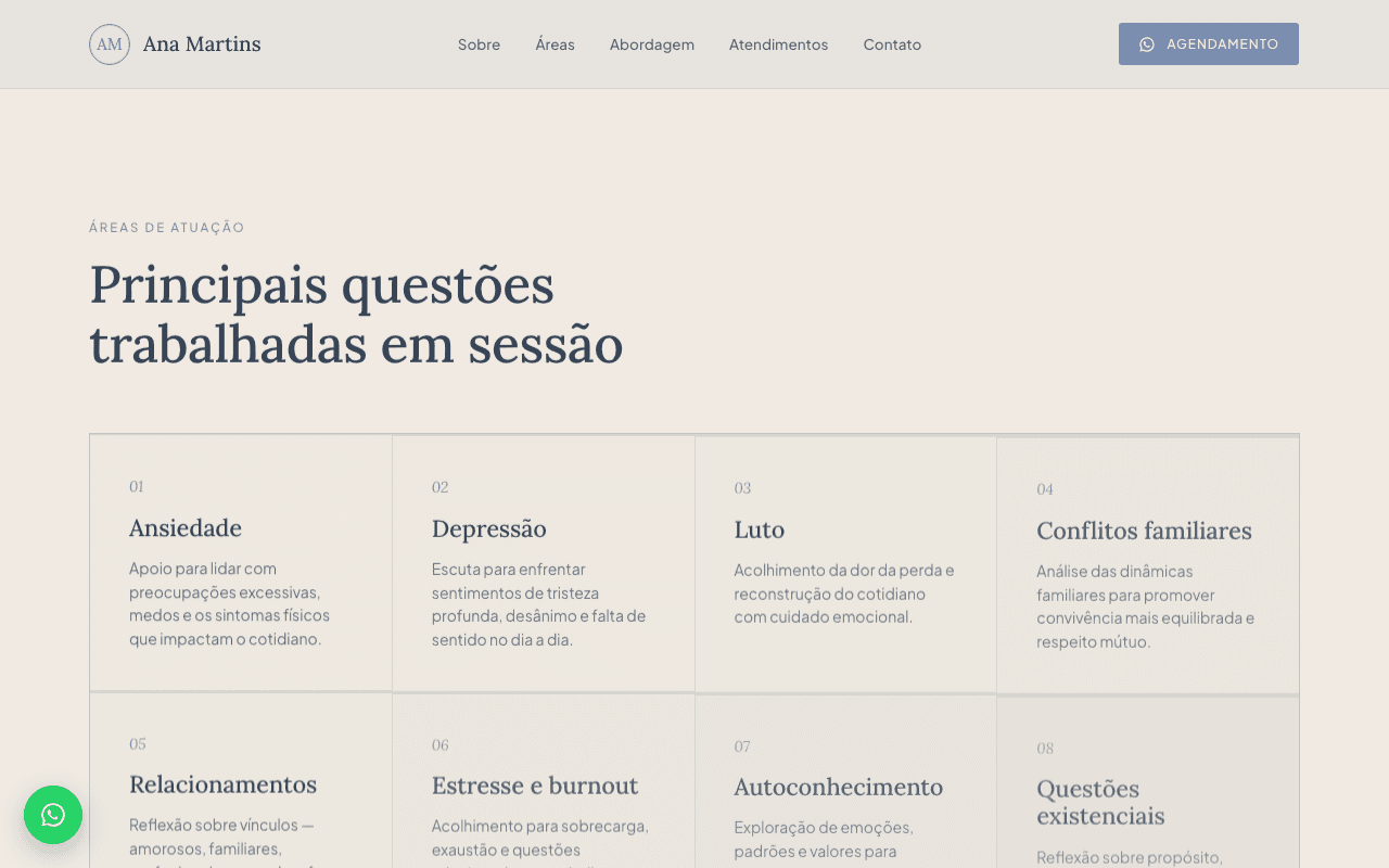 Seção "Áreas de atuação" do site da Dra. Ana Martins