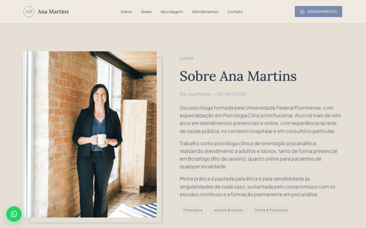 Seção "Sobre" do site da Dra. Ana Martins